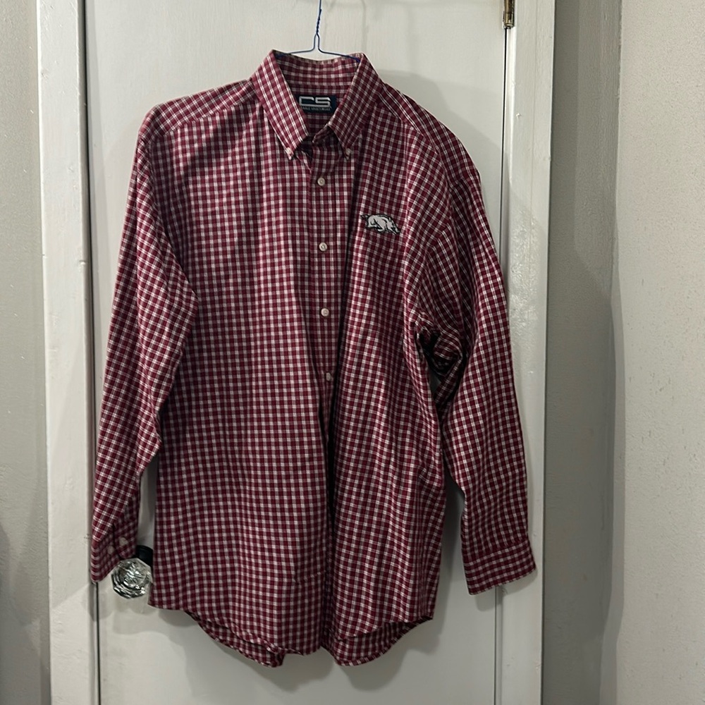 Men’s size, large red plaid Arkansas Razorback, long sleeved dress shirt